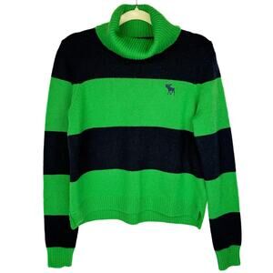 New Abercrombie & Fitch Navy Blue Green Striped Turtleneck Knit Sweater Medium